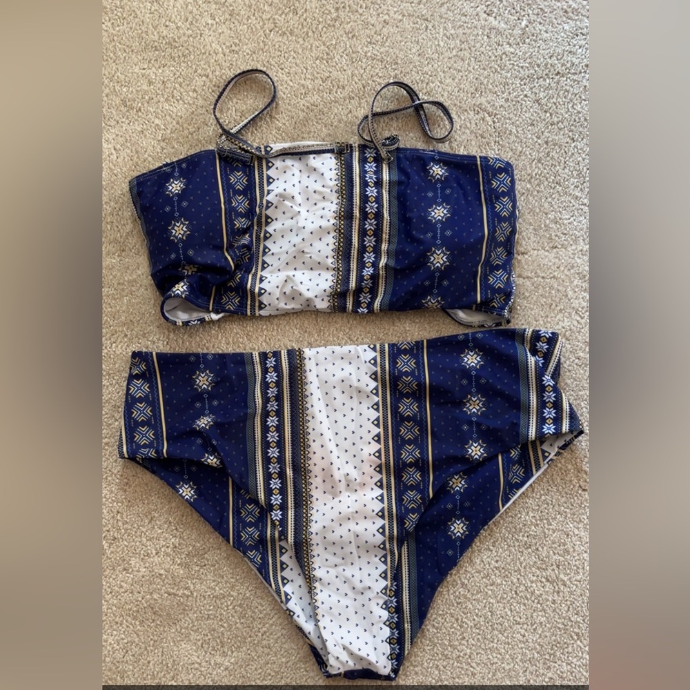 Blue and White Patterned Bikini Set